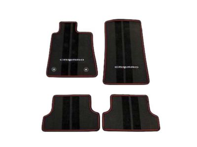 GM First-and Second-Row Premium Carpeted Floor Mats in Jet Black with Adrenaline Red Stitching and Camaro Script 23283734