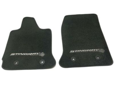 GM First-Row Premium Carpeted Floor Mats in Jet Black with Gray Stitching and Stingray Script 23476284