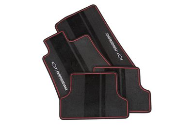 GM Front and Rear Carpeted Floor Mats in Jet Black with Adrenaline Red Stitching, Bowtie Logo and Performance Script 23283735