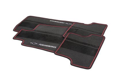 GM Front and Rear Carpeted Floor Mats in Jet Black with Adrenaline Red Stitching, Bowtie Logo and Performance Script 23283735
