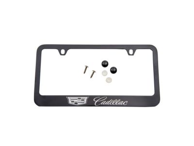 GM 19368086 License Plate Frame by Baron & Baron in Black with Chrome Cadillac Logo and Chrome Cadillac Script – Associated Accessories