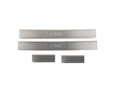 GM Front and Rear Door Sill Plates in Brushed Stainless Steel with GMC Logo 17802525