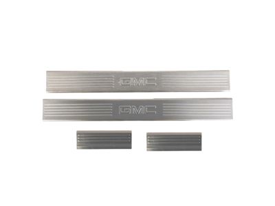 GM Front and Rear Door Sill Plates in Brushed Stainless Steel with GMC Logo 17802525