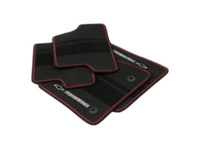 GM Front and Rear Carpeted Floor Mats in Jet Black with Gray Stitching, Bowtie Logo and Performance Script 23240679