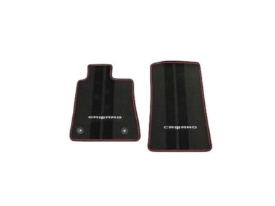 GM First-and Second-Row Premium Carpeted Floor Mats in Jet Black with Adrenaline Red Stitching and Camaro Script 23283734
