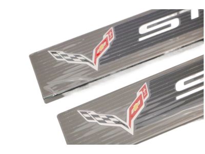 GM Front Door Sill Plates in Stainless Steel with Crossed Flags Logo and Stingray Script 23487387