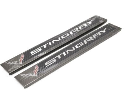 GM Front Door Sill Plates in Stainless Steel with Crossed Flags Logo and Stingray Script 23487387