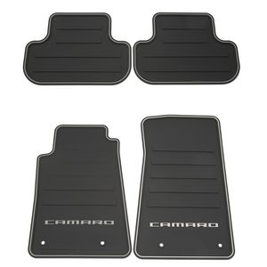 GM Front and Rear All-Weather Floor Mats in Black with Camaro Logo 22766717