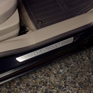 GM Front Door Sill Plates in Stainless Steel in Chevrolet Script 22940494