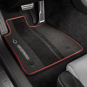 GM Front and Rear Carpeted Floor Mats in Jet Black with Adrenaline Red Stitching, Bowtie Logo and Performance Script 23283735