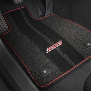 GM Front and Rear Carpeted Floor Mats in Jet Black with Adrenaline Red Stitching and SS Logo 23378906