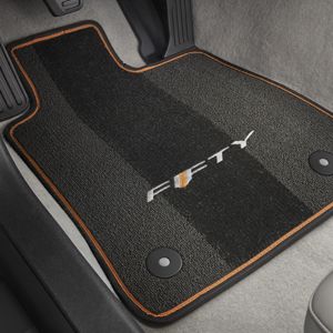 GM Front and Rear Carpeted Floor Mats in Orange with 50th Anniversary Logo and Ignite Orange Stitching 23378911