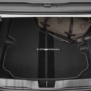 GM Cargo Area Carpeted Mat in Black with Gray Stitching and Camaro Script for Coupe Models 23507997