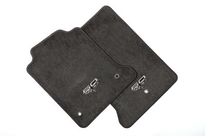 GM Front Carpeted Floor Mats in Ebony with 60th Anniversary Crossed Flags Logo 22927122