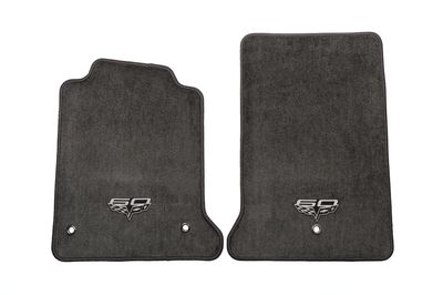 GM Front Carpeted Floor Mats in Ebony with 60th Anniversary Crossed Flags Logo 22927122