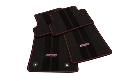 GM Front and Rear Carpeted Floor Mats in Jet Black with Adrenaline Red Stitching and SS Logo 23378906