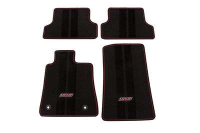 GM Front and Rear Carpeted Floor Mats in Jet Black with Adrenaline Red Stitching and SS Logo 23378906