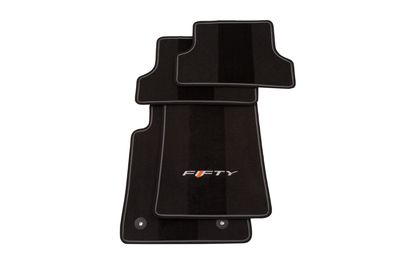 GM Front and Rear Carpeted Floor Mats in Gray with 50th Anniversary Logo and Gray Stitching 23378910