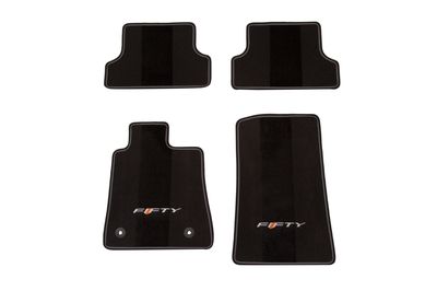 GM Front and Rear Carpeted Floor Mats in Gray with 50th Anniversary Logo and Gray Stitching 23378910