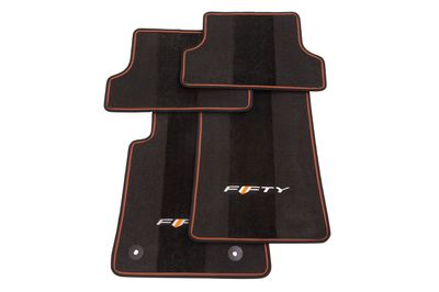 GM Front and Rear Carpeted Floor Mats in Orange with 50th Anniversary Logo and Ignite Orange Stitching 23378911