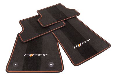 GM Front and Rear Carpeted Floor Mats in Orange with 50th Anniversary Logo and Ignite Orange Stitching 23378911