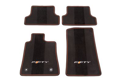 GM Front and Rear Carpeted Floor Mats in Orange with 50th Anniversary Logo and Ignite Orange Stitching 23378911