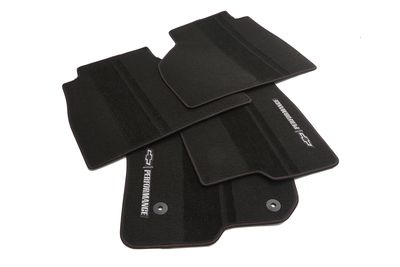 GM Crew Cab First-and Second-Row Premium Carpeted Floor Mats in Jet Black with Red Stitching, Bowtie Logo and Chevrolet Performance Script 84337996