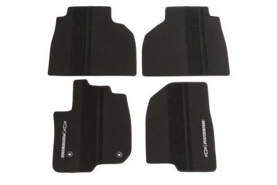 GM Crew Cab First-and Second-Row Premium Carpeted Floor Mats in Jet Black with Red Stitching, Bowtie Logo and Chevrolet Performance Script 84337996