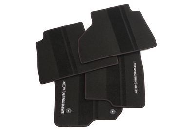 GM Double Cab First-and Second-Row Premium Carpeted Floor Mats in Jet Black with Red Stitching, Bowtie Logo and Chevrolet Performance Script 84337998