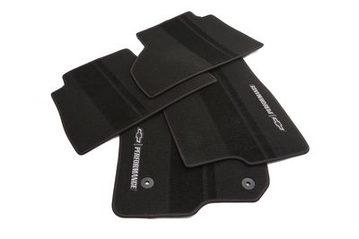 GM Double Cab First-and Second-Row Premium Carpeted Floor Mats in Jet Black with Red Stitching, Bowtie Logo and Chevrolet Performance Script 84337998