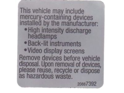 GM 20887392 Label, Mercury Disposal Information
