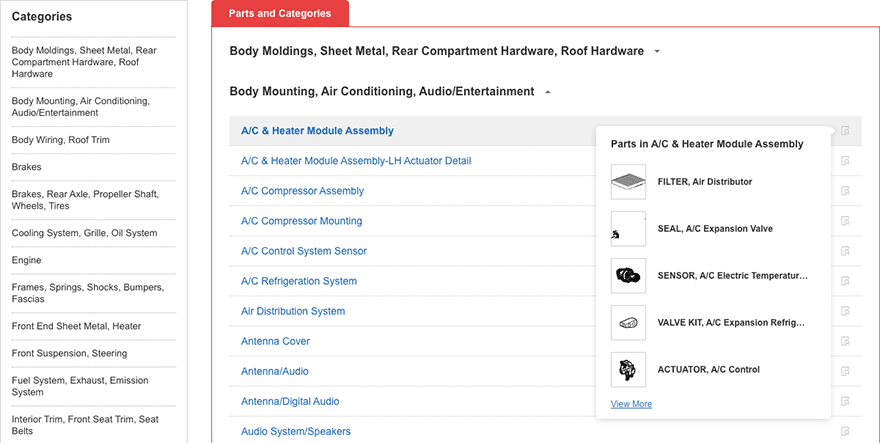 How to find a part from the categories displayed?
